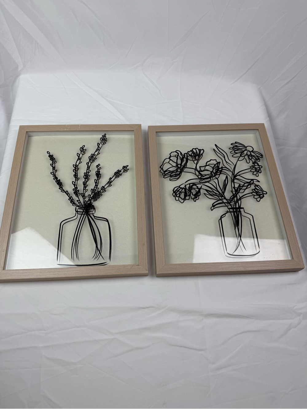 Framed Black Line Floral Vase Wall Art Set - Neutral Wood